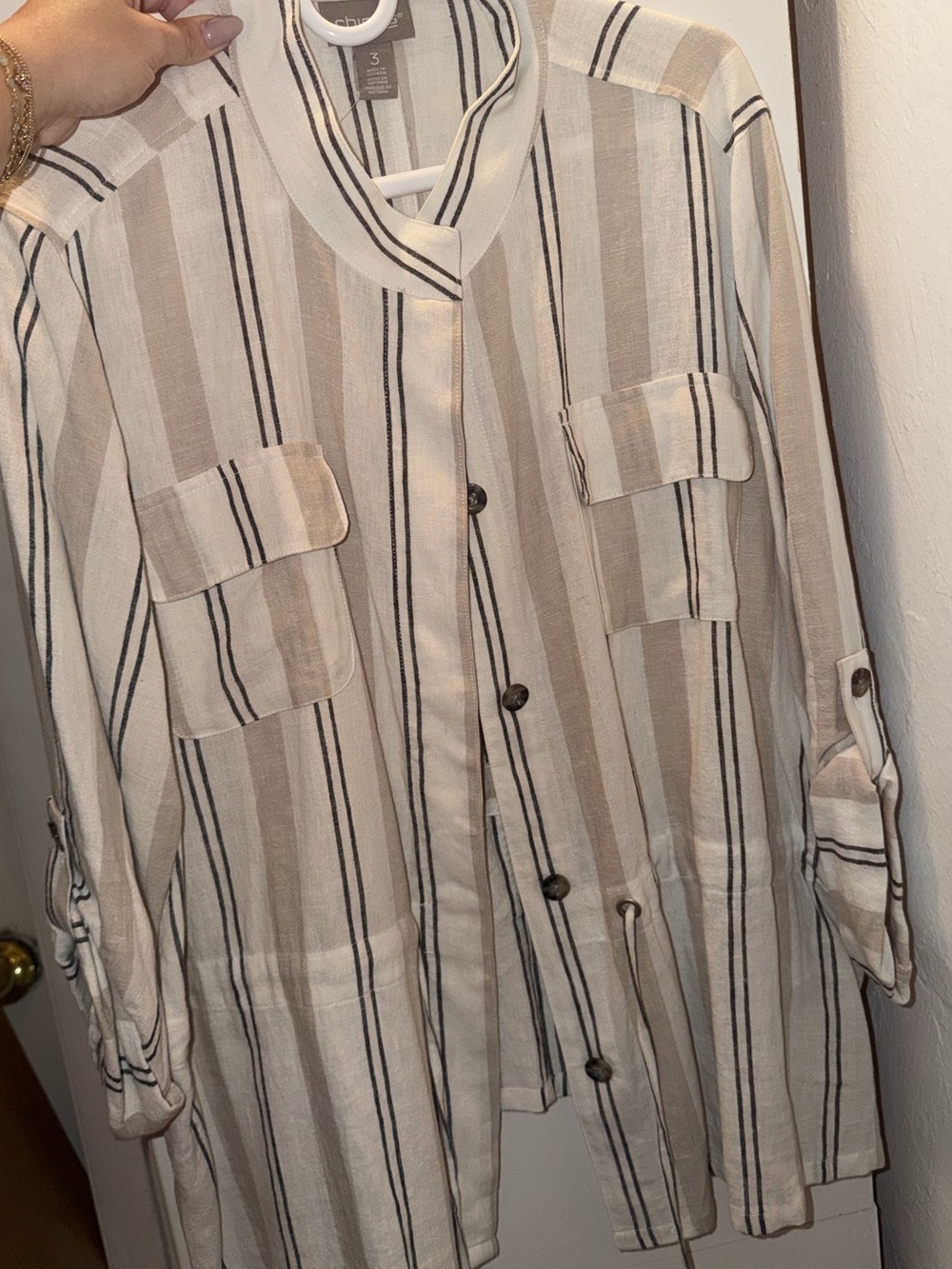 Chicos Striped Button-Up Shirt Jacket - Beige/Black